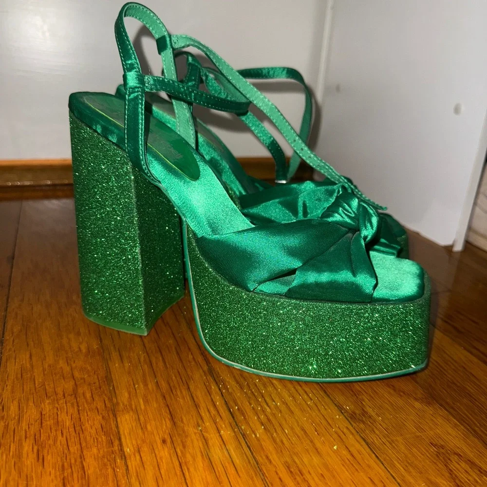 Jeffrey Campbell Green Satin & Glitter Platform Heels Never Worn - Picture 2 of 11